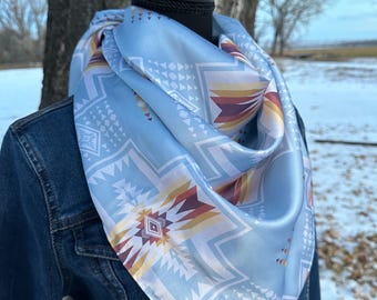 Blue western wildrag punchy style scarf cowboy accessory ranch wear luxury bandana square design silver satin large rodeo fashion american