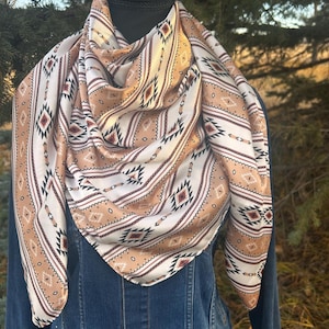 Satin wildrag scarf western style cowboy bandana neck wrap square design geometric pattern aztec inspired bohemian accessory rodeo fashion