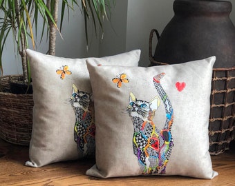 Regalo de Navidad, Funda de cojín de Gato, Funda de Almohada Cuadrada de 45 x 45 cm, Sensación Suave al Mano, para decoración de sofá, Dormitorio, jardín al Aire Libre, 18 x 18 Pulgadas