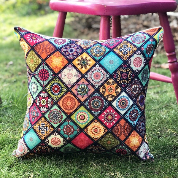 Funda de cojín de mandala de 18 x 18 pulgadas, funda de almohada cuadrada multicolor brillante para sofá dormitorio, funda de almohada de 45 x 45 cm para jardín, balcón al aire libre