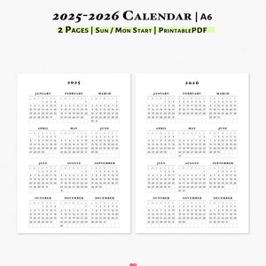 2025-2026年 年間カレンダー、A6プランナー用印刷可能な挿入物 | 2025-2026年 年間概要 | Y101