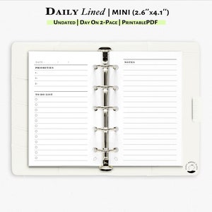 Daily Planner Printable Mini Size Inserts | Undated Daily | Day On Two Pages | With Daily Journal | Filofax Mini Size Refills