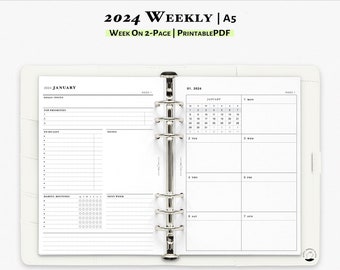 2024 Weekly Planner Printable A5 Planner Insert | Weekly Overview | Calendar with Week Number | Week on 2 Page | WO2P 2024 Planner | W109