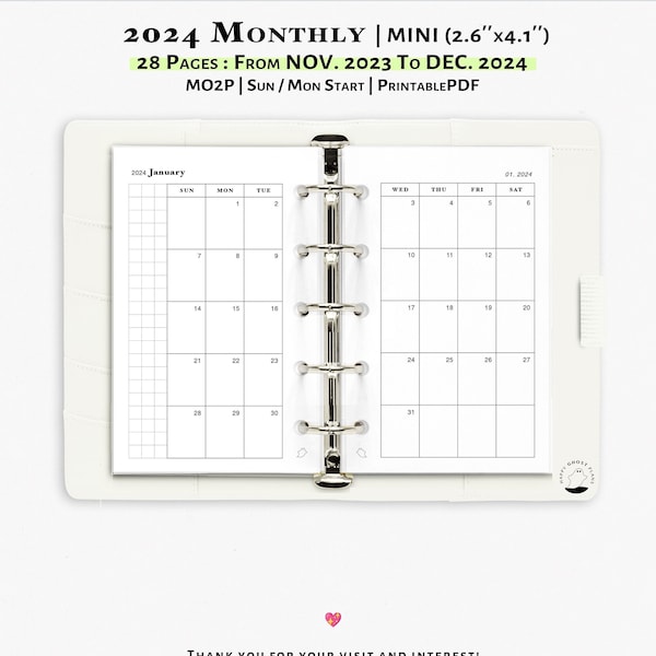 2024 Monthly Printable Calendar Mini size Planner Insert | Two Page Calendar PDF Template | 2024 Monthly Planner | Filofax Mini Insert |M102
