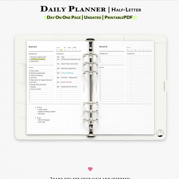 One page Daily Planner Printable insert, for Half-letter Planner | D108