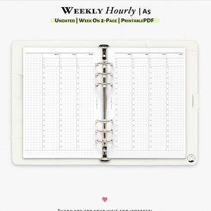 Weekly Hourly Planner, Printable insert for A5 planner with Simple Vertical layout | W105