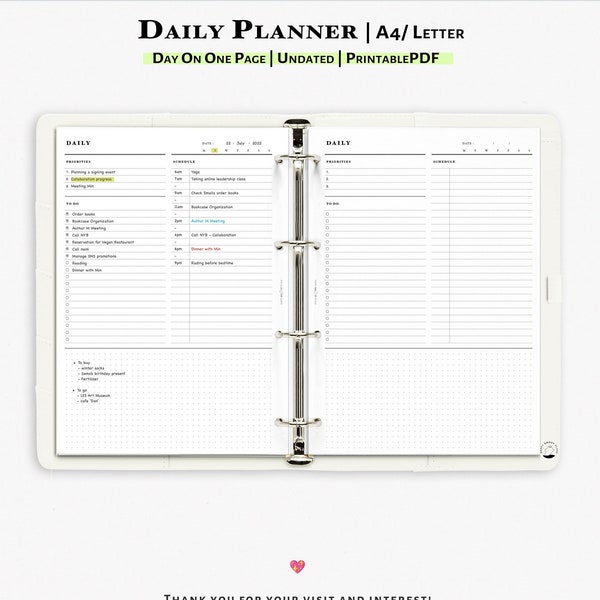 One page Daily Planner Printable insert, for A4, Letter size Planner | D108
