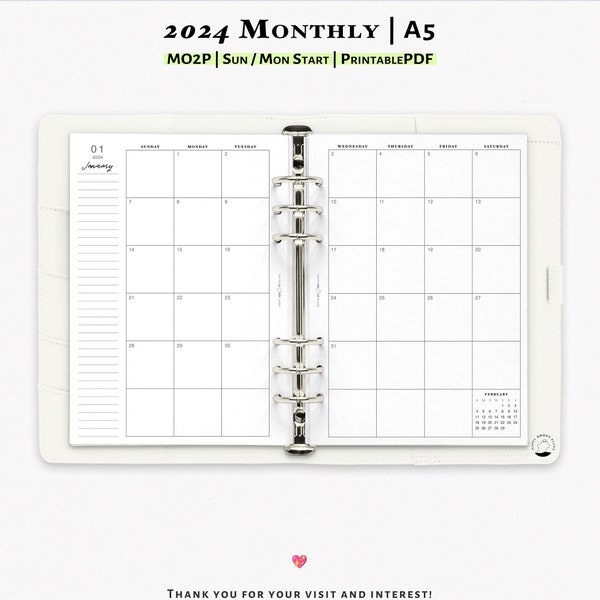 2024 Monthly Planner Printable A5 Planner Insert | Month On Two Page Template | 2024 Planner | 2024 Calendar | M101