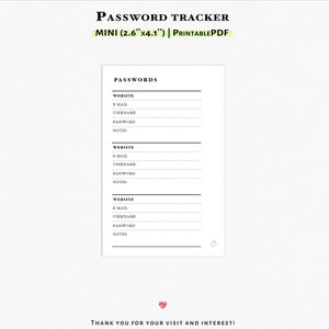 Password Tracker Printable Insert for Mini size Planner | J126