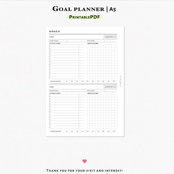 Goal Planner Printable Insert for A5 Planner | Action Step Planner Template to Achieve Goals | J112