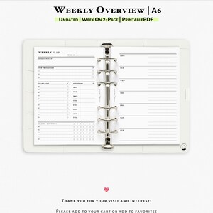 Undated Weekly Overview Printable Planner A6 size Inserts | Week At A Glance | Week On 2 Pages WO2P | Minimal Planner | Weekly Schedule