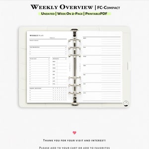 Weekly Planner, Printable Inserts for FC-compact planner | Weekly overview pages | WO2P | W121
