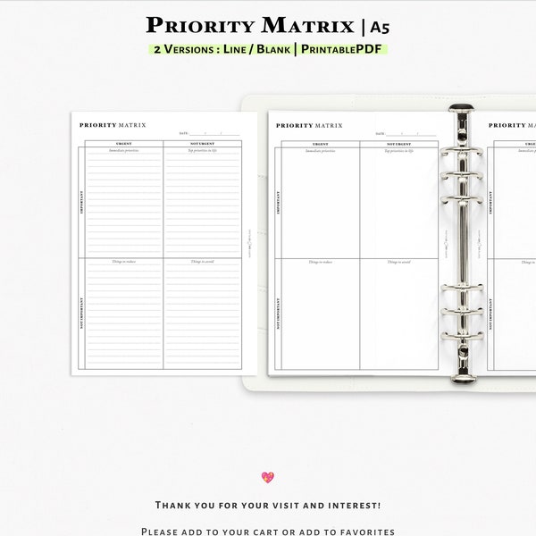 Priority Matrix Printable A5 Planner Insert | Important Urgent Matrix for Prioritization | Eisenhower Matrix for Time Management | J129