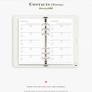 Contact List Printable PDF Personal size Ring Inserts | Contact List Organizer | Printable Planner Inserts Contacts Page | Address Book Page