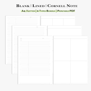 Notitieboekjepapier Afdrukbaar inzetstuk voor A4, Letter-formaat Planner en Journal | Gevoerd, Cornell-notitie en blanco papier | N107