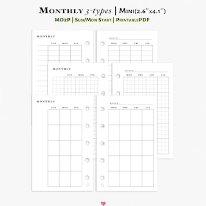Month On 2 Page Planner Printable Mini Size Planner Insert | Month on 2-page Calendar | Undated Monthly | Filofax Mini | M101