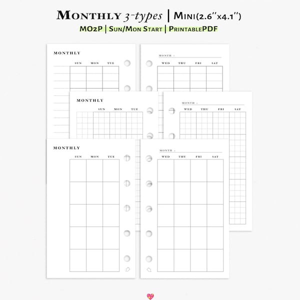 Month On 2 Page Planner Printable Mini Size Planner Insert | Month on 2-page Calendar | Undated Monthly | Filofax Mini | M101