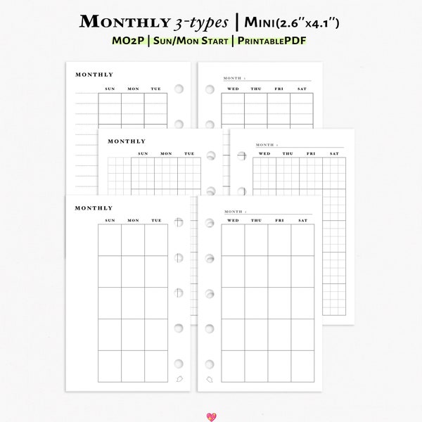 Month On 2 Page Planner Printable Mini Size Planner Insert | Month on 2-page Calendar | Undated Monthly | Filofax Mini | M101