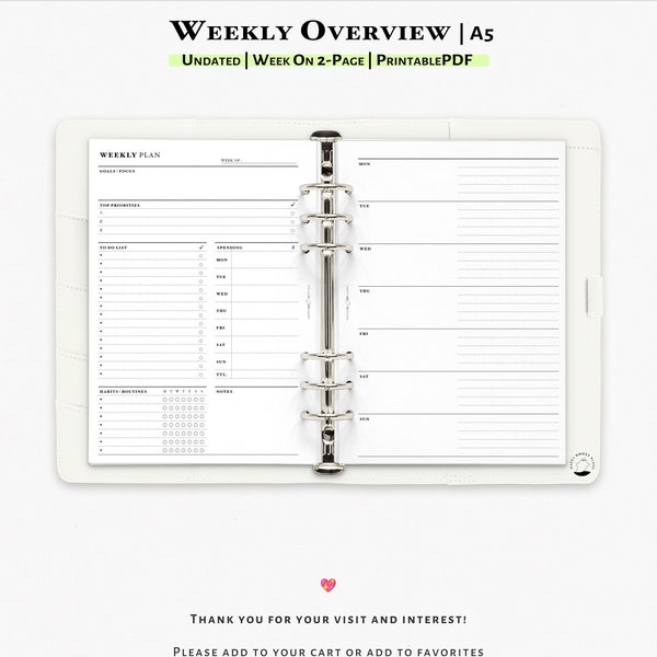 Undated Weekly Overview Printable Planner A5 size Inserts | Week At A Glance | Week On 2 Pages WO2P | Minimal Planner | Weekly Schedule