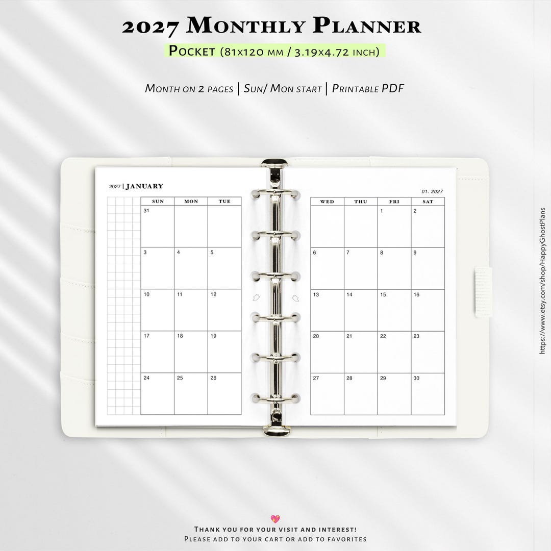 2027 Monthly Planner, Printable Pocket Size Planner Inserts | M102 - Etsy
