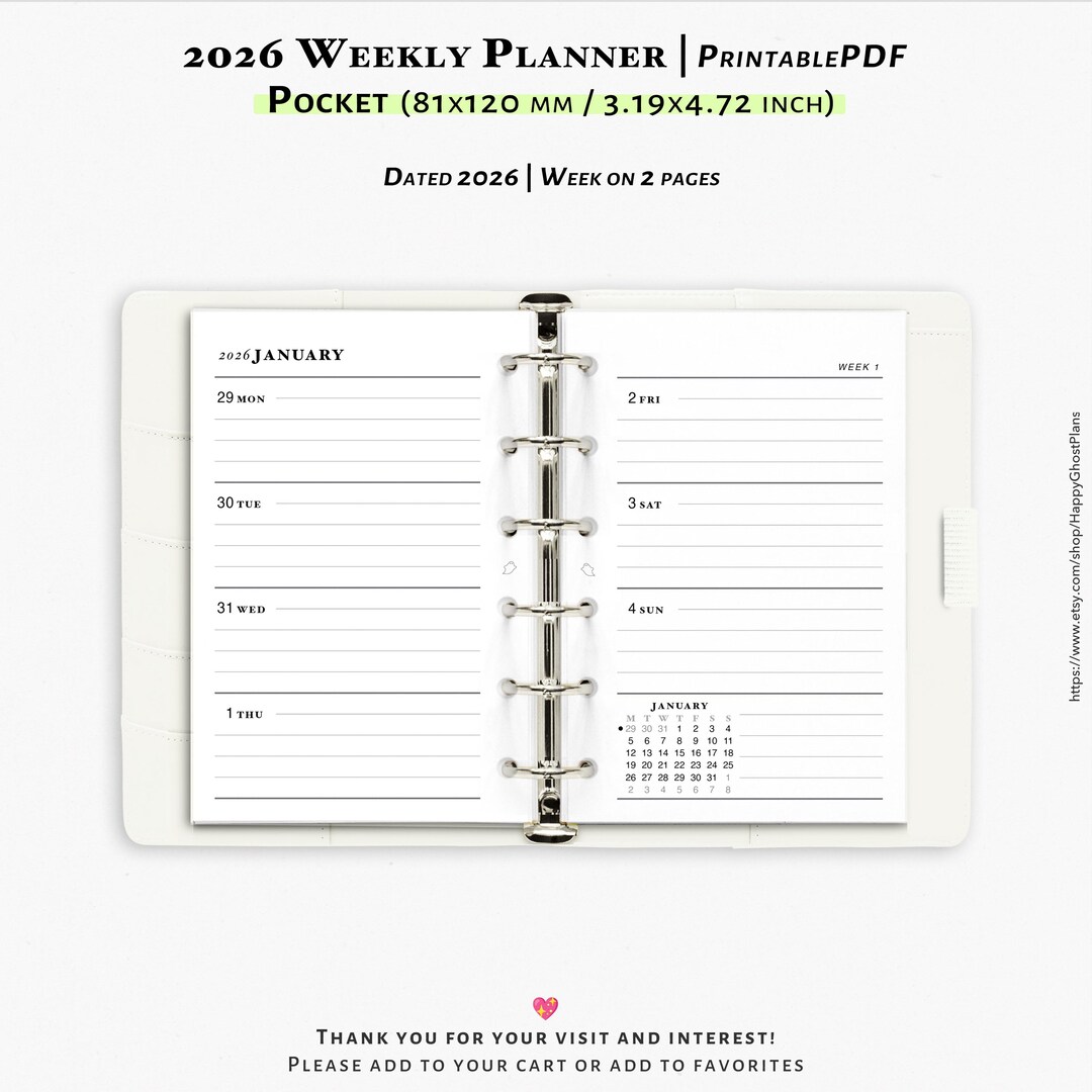 2026 Weekly Planner, Printable Pocket Size Inserts | W101 - Etsy UK