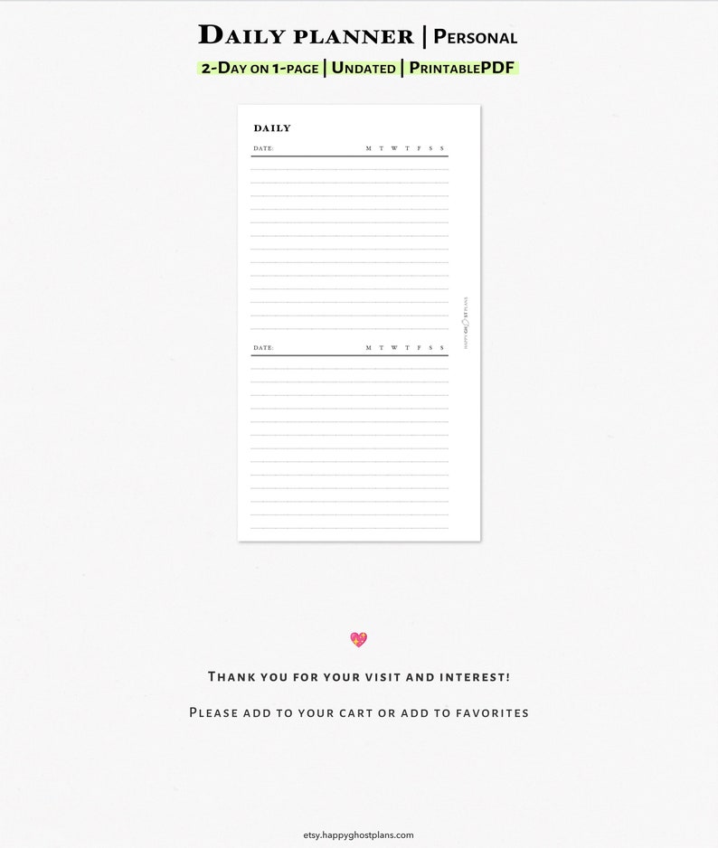 Daily Planner Printable Insert for Personal Size Planner Two Days on ...