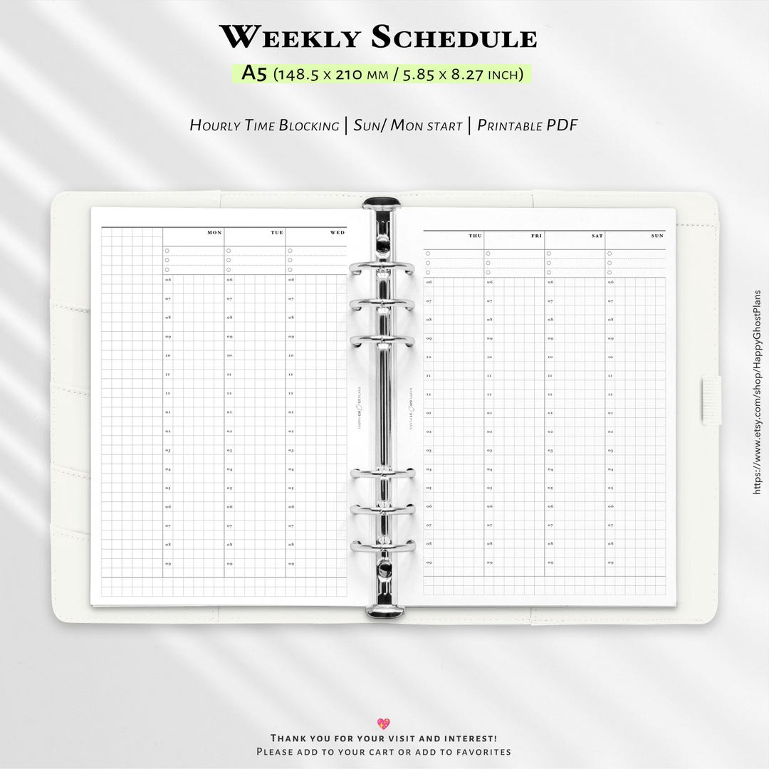 Weekly Hourly Planner, Printable Insert for A5 Planner With Simple ...