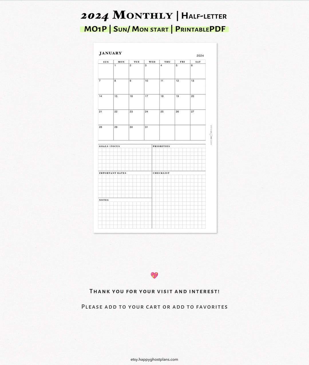 2024 Monthly Planner Printable Insert for Half-letter Planner One Page ...