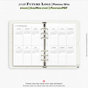 2026 Future logs, Printable inserts for Personal-wide planner | Y106