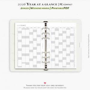 2026 Year at a glance, the weekend marked, Printable inserts for FC-compact planner | Y103