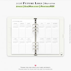2026 Future logs, Printable inserts for Half-letter planner | Y106