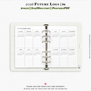 2026 Future logs, Printable inserts for A6 Planner | Y106