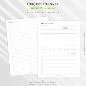 May include: Two white project planner pages with black text. The top page is a task list, and the bottom page is a project plan with sections for objectives, brainstorming notes, and action steps. The planner is 7 x 9.25 inches.