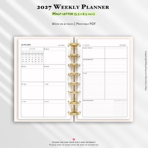 May include: A 2027 weekly planner in a half-letter 5.5 x 8.5 inch printable PDF format. The open planner features a gold disc-bound spine, a monthly calendar for January, and structured sections for goals, top priorities, to-do lists, and daily routines.