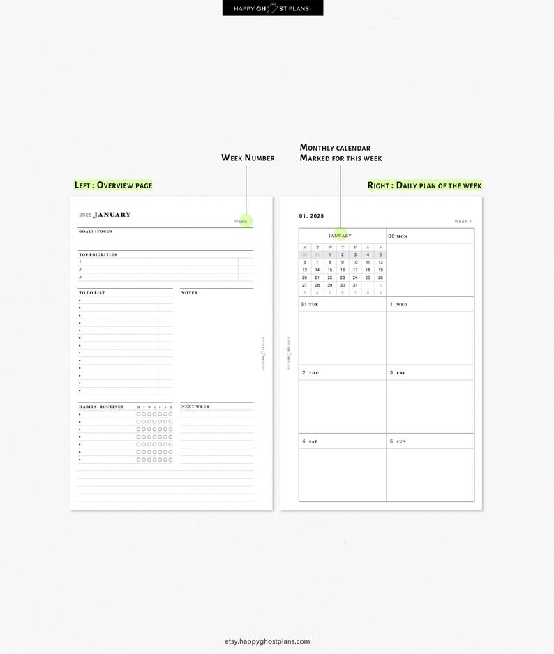 2025 Weekly Planner, Printable Inserts for Halfletter Planner WO2P