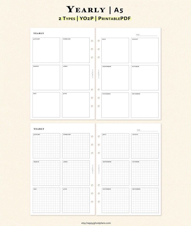 Year at A Glance Pages Printable A5 Inserts Two Page Yearly - Etsy