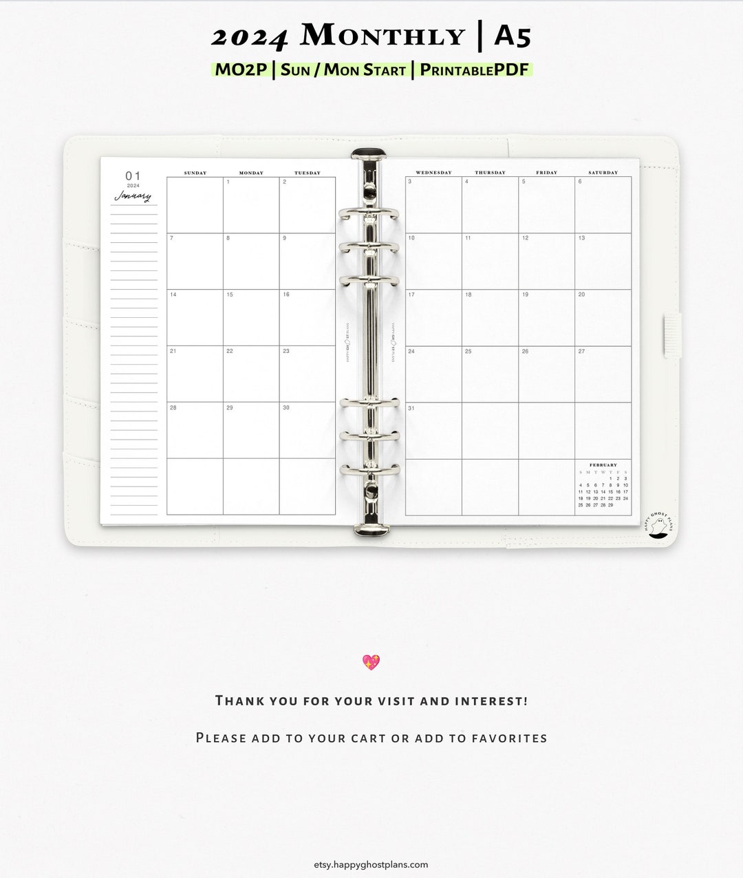 2024 Monthly Calendar Printable Insert for A5 Planner Two Page Calendar ...