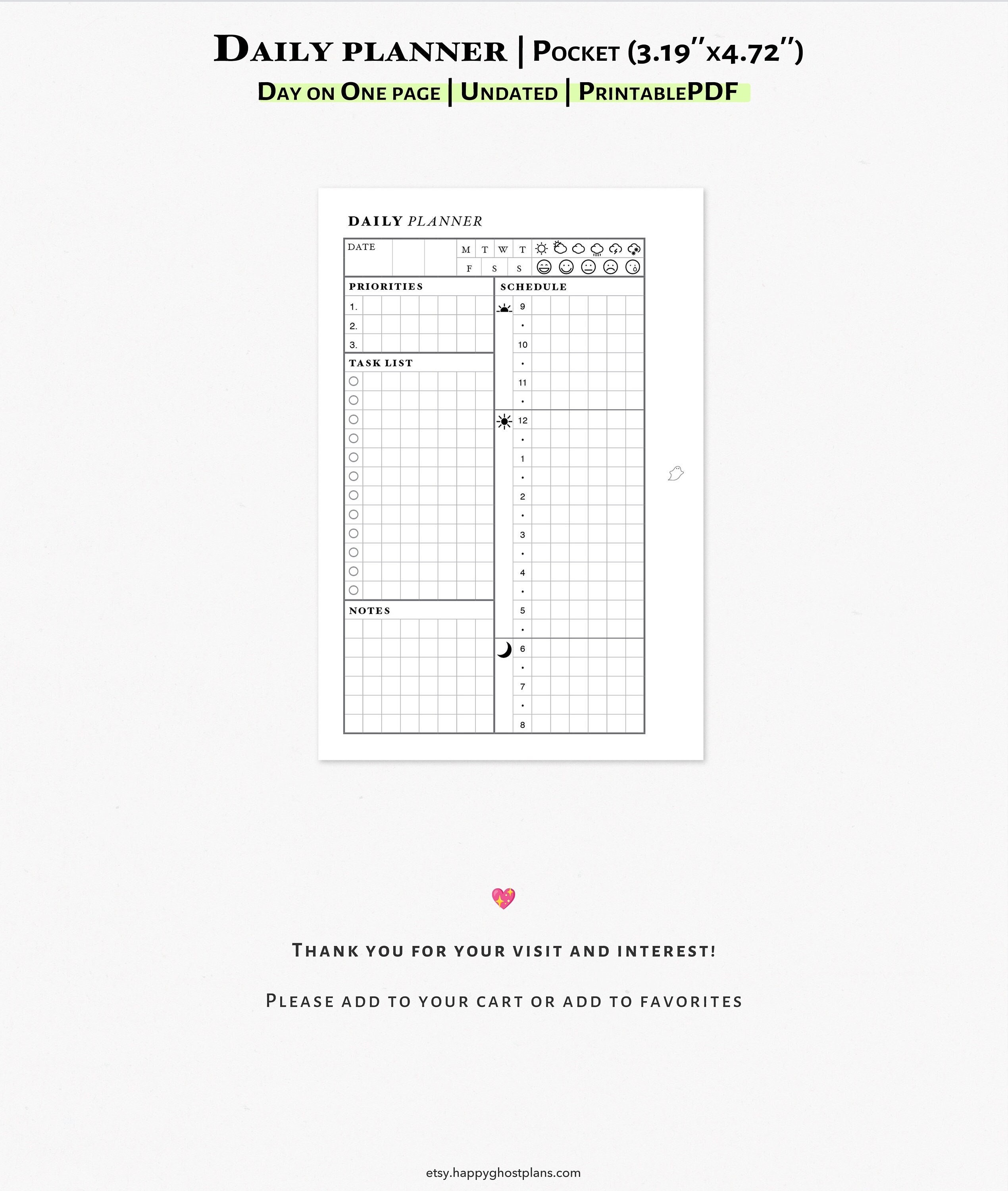 Daily Planner Printable Insert for Pocket Size Planner One Page Daily ...