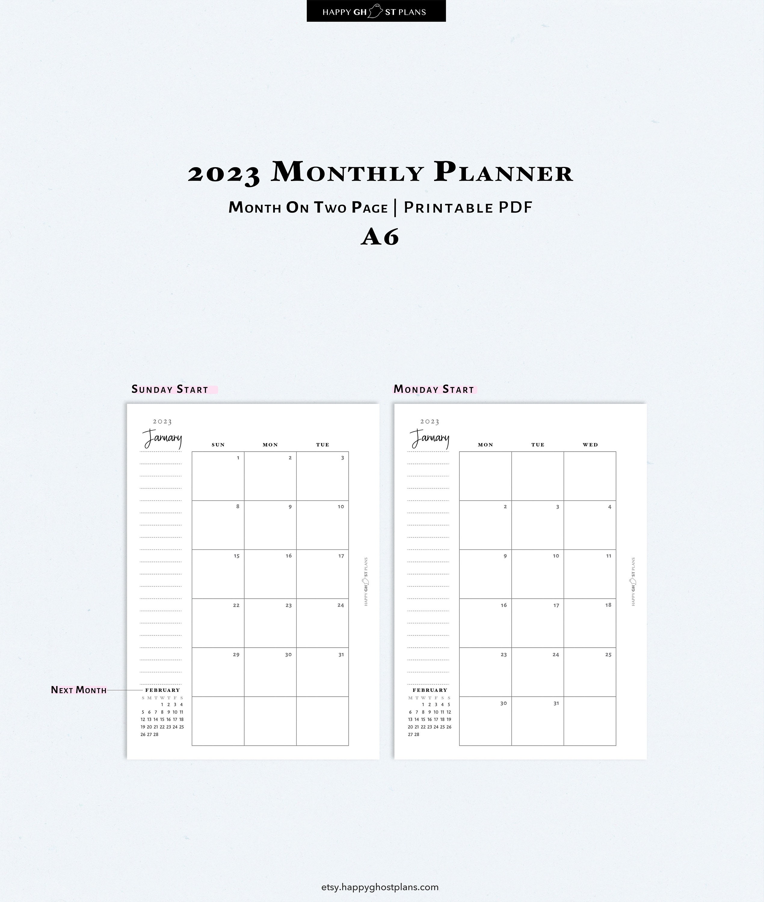 2023 Monthly Calendar Printable A6 Size Inserts 2023 Two - Etsy