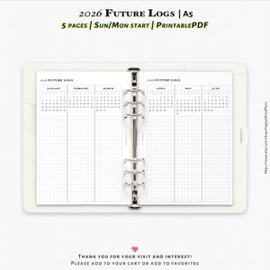 2026 Future logs, 5-pages, Printable inserts for A5 planner | Y112