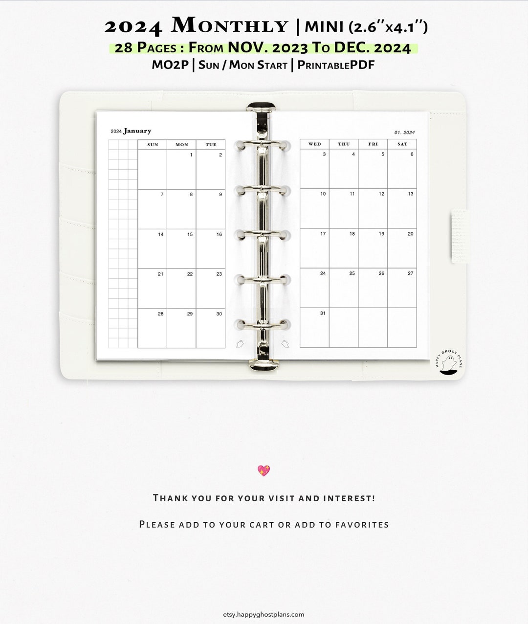 2024 Monthly Printable Calendar Mini Size Planner Insert Two Page ...