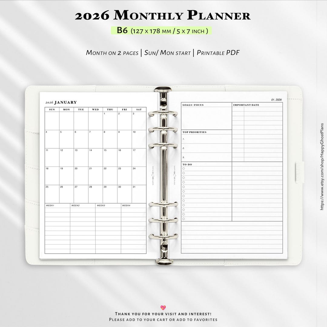 2026 Monthly Planner, Printable Insert for B6(5x7) Size Planner | M122 ...