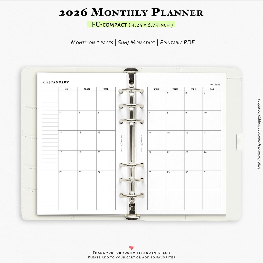 2026 Monthly Planner, Printable Inserts for Fc-compact Planner | M102 ...