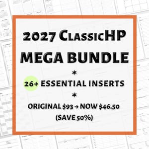 Könnte beinhalten: Ein digitales Planer-Paket mit dem Text 2027 CLASSICHP MEGA BUNDLE und 26+ ESSENTIAL INSERTS. Der Hintergrund zeigt verschiedene schwarz-weiße Planer-Seitenlayouts, darunter Kalender, Projektpläne und Gewohnheits-Tracker.