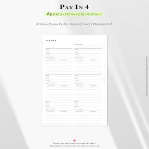 Pode incluir: PDF imprimível A5 com um design "Pay in 4". O documento branco apresenta um layout estruturado para o acompanhamento de pagamentos, incluindo seções para loja, item, total, valor devido, data de vencimento e detalhes de pagamento. Mede 148,5 x 210 mm.