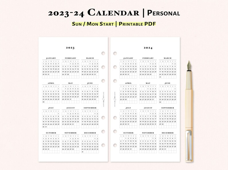20232024 Calendar Printable Personal Size Inserts Yearly Etsy