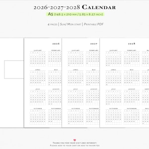 2026-2027-2028 Calendar, Year at a glance,  Printable inserts for A5 planner | Y101