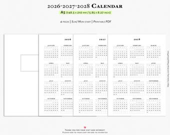 Calendario 2026-2027-2028, Resumen del año, Inserciones imprimibles para agenda A5 / Y101