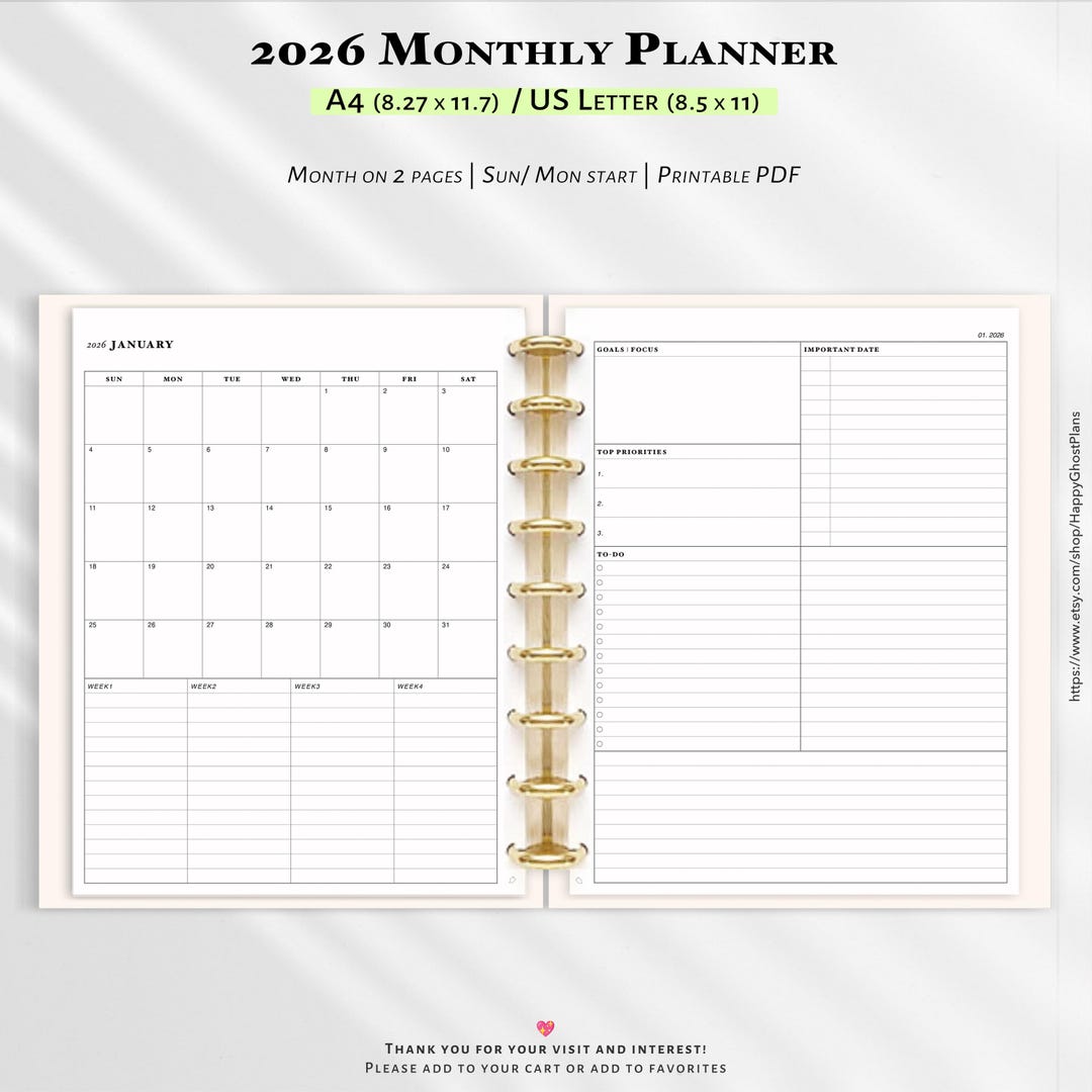 2026 Monthly Planner Printable | A4, Letter Size Planner Inserts | M122