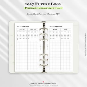May include: A white six-ring binder containing 2027 future log calendar pages. The pages feature monthly grids for January through April, measuring 3.74 by 6.37 inches. The layout includes a sun or mon start option and a printable PDF format.